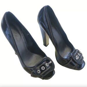 Wild Pair Black Patent Peep Toe Contrast Stitch Platform Block Heels • Sz 7.5 🔴